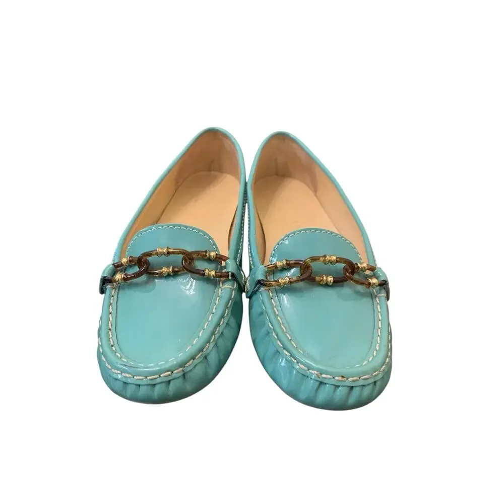Talbots Teal Patent Leather Loafers Womens 6.5 B Chain Link Flats Brazil